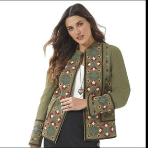 Olive Green Embroidered Blazer Boho Festival By The Pyramid Collection Sz XL